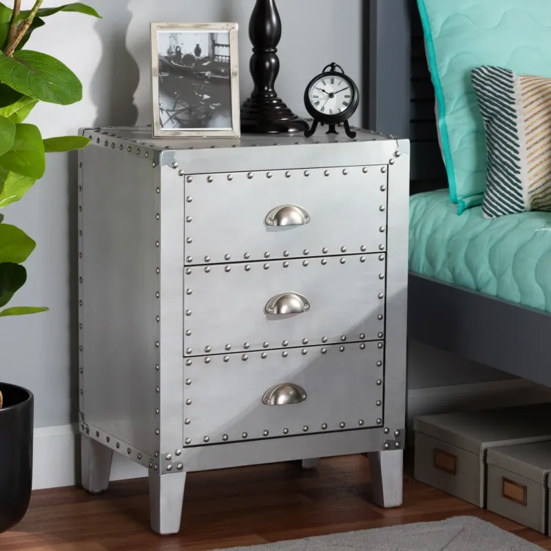 Baxton Studio Claude French Industrial Silver Metal 3-Drawer End Table | Cabinets | Modishstore