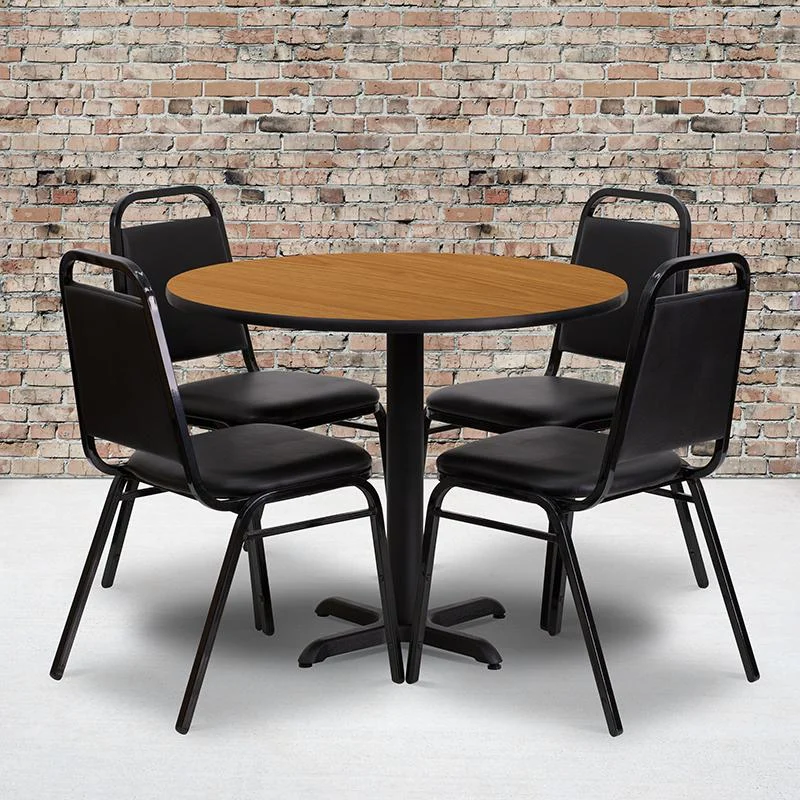 36'' Round Natural Laminate Table Set With X-Base And 4 Black Trapezoidal Back Banquet Chairs By Flash Furniture | Dining Sets | Modishstore - 1