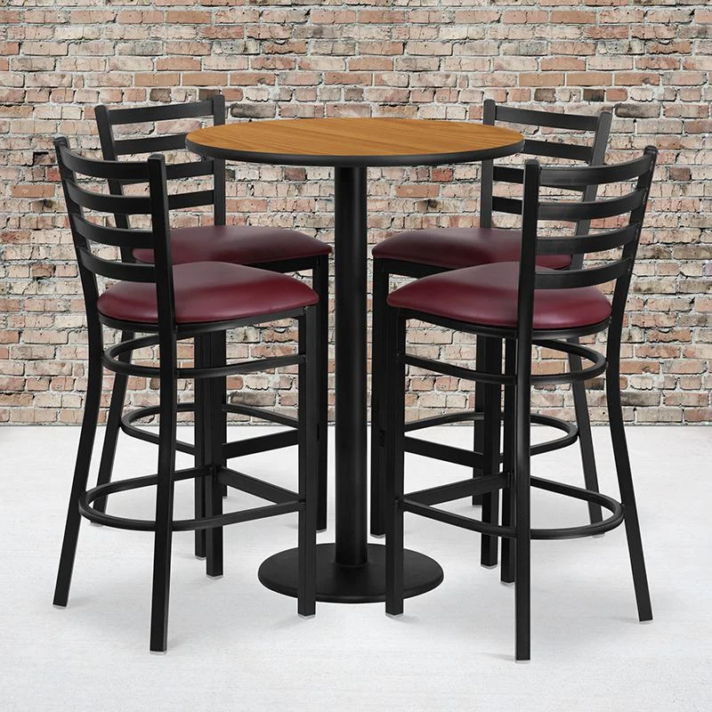 30'' Round Natural Laminate Table Set With Round Base And 4 Ladder Back Metal Barstools - Burgundy Vinyl Seat By Flash Furniture | Bar Stools & Table | Modishstore - 1