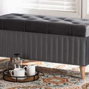 Baxton Studio Hanley Modern and Contemporary Grey Velvet Fabric Upholstered and Walnut Brown Finished Wood Storage Ottoman | Modishstore | Ottomans
