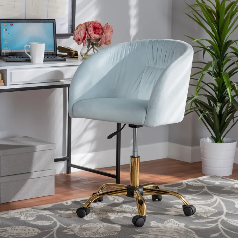 Baxton Studio Ravenna Contemporary Glam and Luxe Aqua Velvet Fabric and Gold Metal Swivel Office Chair | Office Chairs | Modishstore