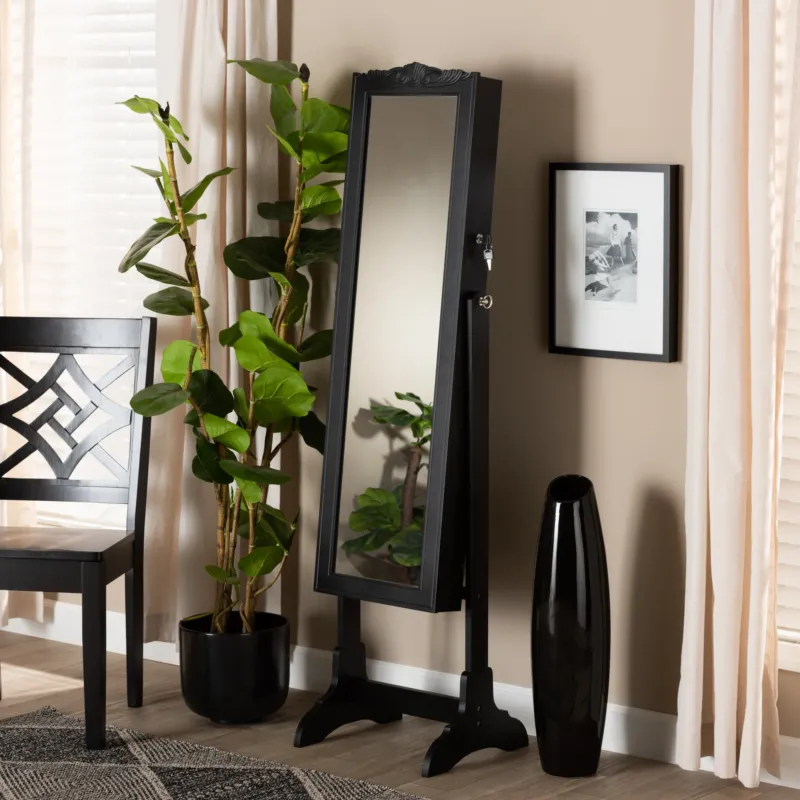 Baxton Studio Madigan Modern And Contemporary Black Finished Wood Jewelry Armoire With Mirror | Armoires & Wardrobes | Modishstore