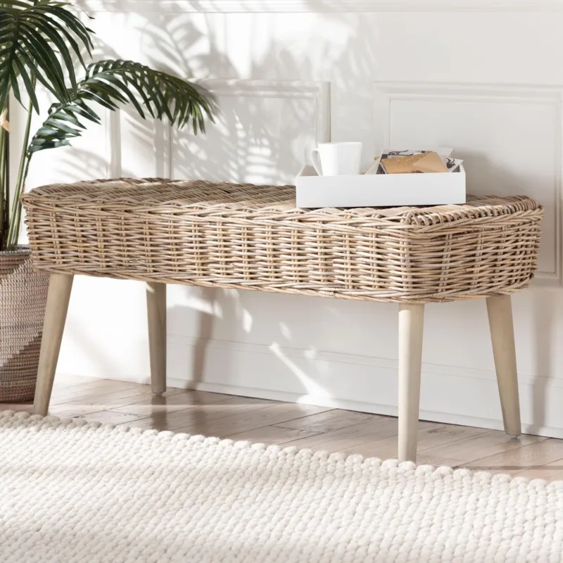 Baxton Studio bali & pari Raisa Modern Bohemian Natural Kubu Rattan and Grey Acacia Wood Accent Bench | Benches | Modishstore