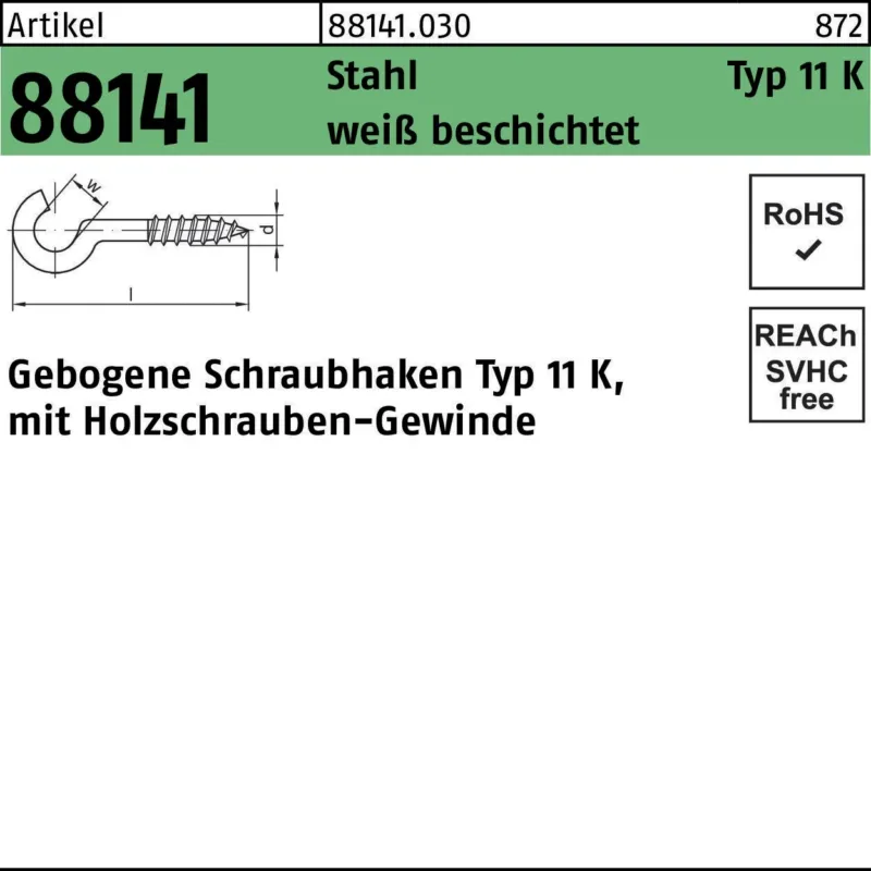 REYHER Schraubhaken R 88141 Typ 11 K gebogen Stahl weiß beschichtet 100 Stück