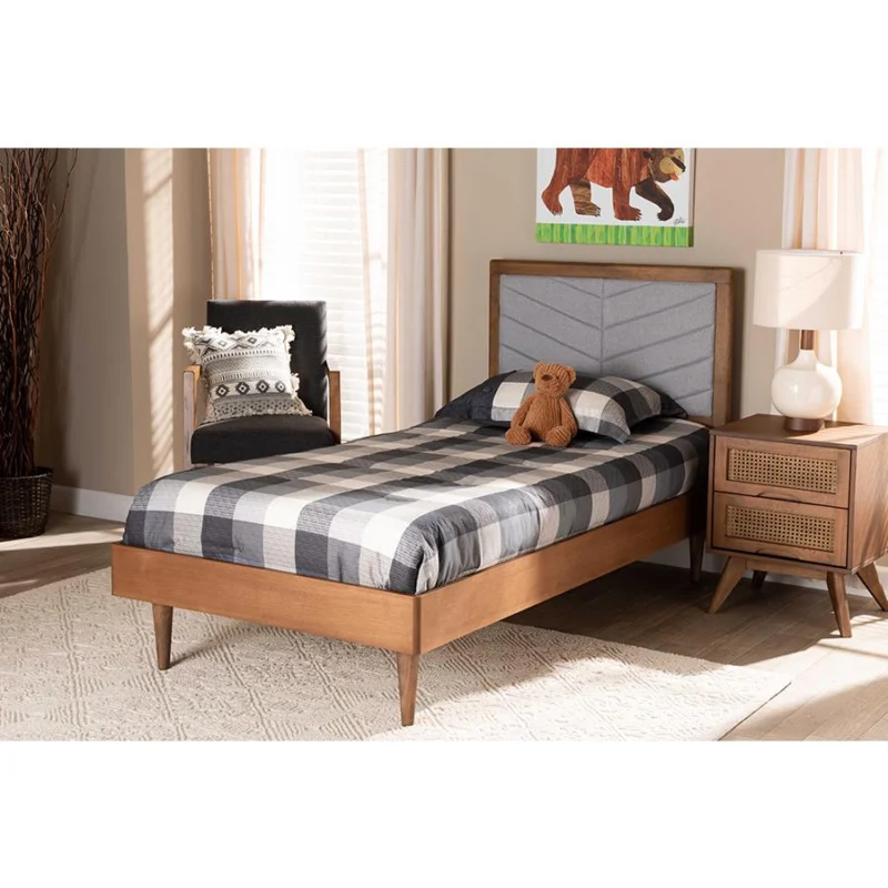 Baxton Studio Tasha Mid-Century Modern Light Grey Fabric Upholstered and Walnut brown Finished Wood Twin Size Platform Bed | Beds | Modishstore