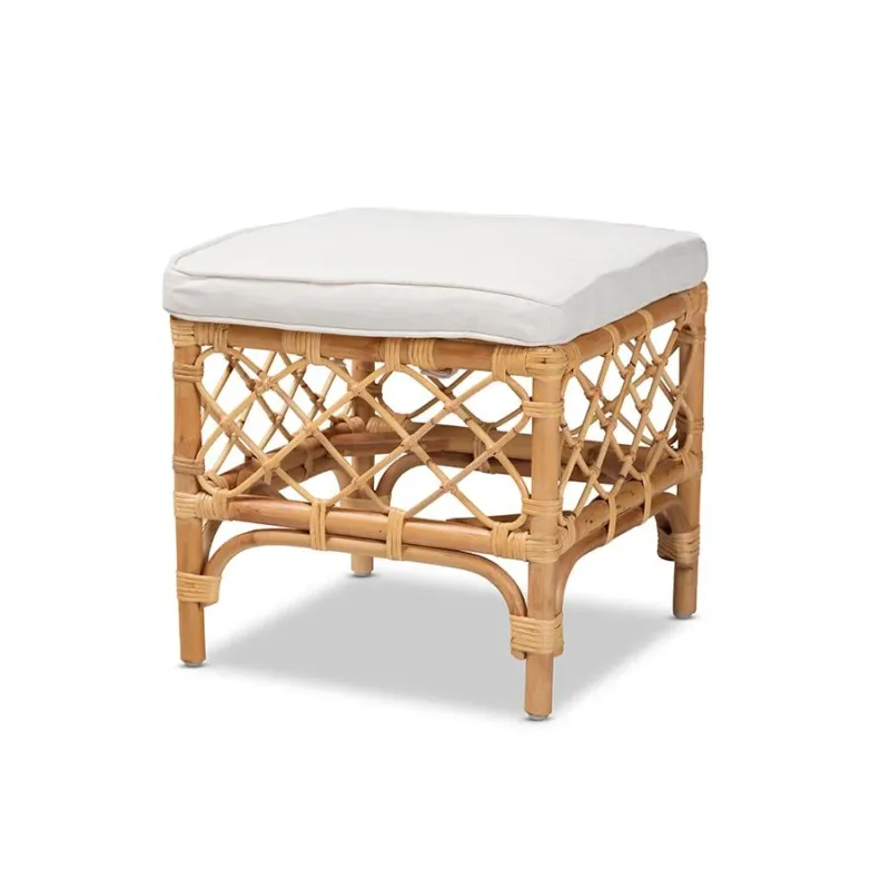 Baxton Studio Orchard Modern Bohemian White Fabric Upholstered and Natural Brown Rattan Ottoman | Ottomans | Modishstore
