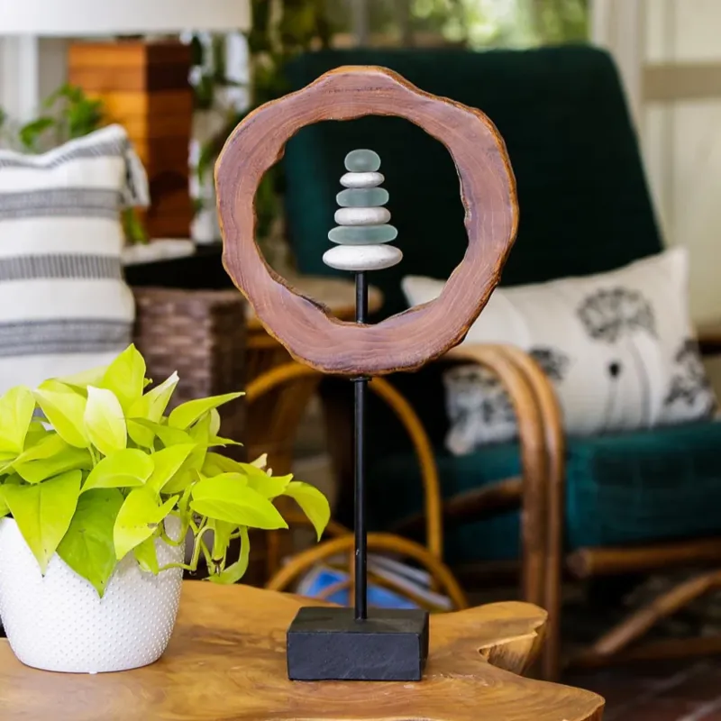 Teak Slab Ring Glass Cairn Set of 4 By Garden Age Supply | Sculptures | Modishstore - 1