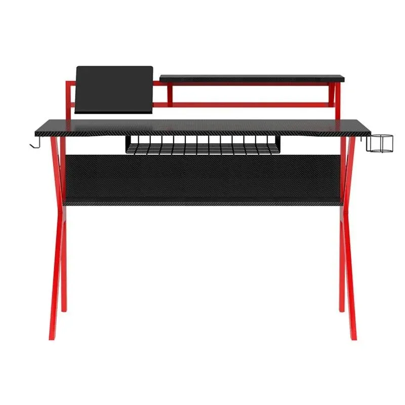 54 Inch Rectangular Gaming Desk With 2 Shelves And K Shape Leg Support, Black And Red By Benzara | Desks | Modishstore