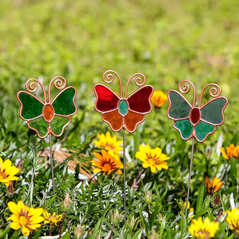 Stained Glass Pot Stakes - Butterfly 16"H Set of 3 Set of 2 By Garden Age Supply | Sculptures | Modishstore - 1