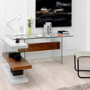 30" White and Walnut Veneer MDF and Glass Desk with Shelves By Homeroots | Desks | Modishstore