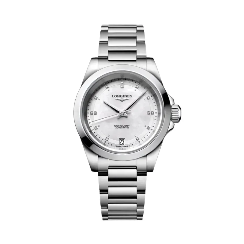 Longines Conquest 34mm white mother of pearl dial with diamond markers on a stainless steel bracelet
