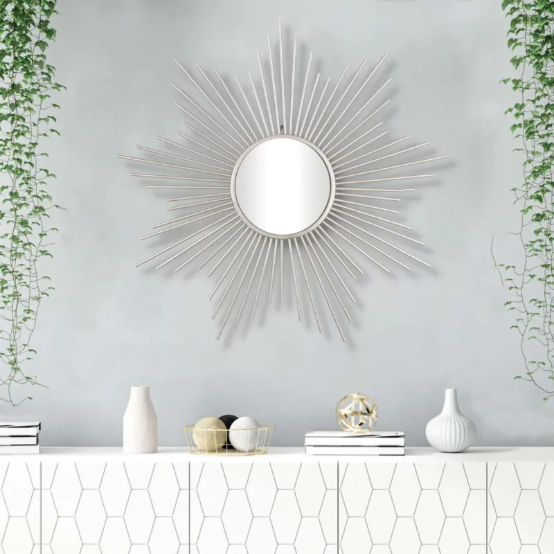 Striking Silver Metal Sunburst Design Wall Mirror By Homeroots | Mirrors | Modishstore