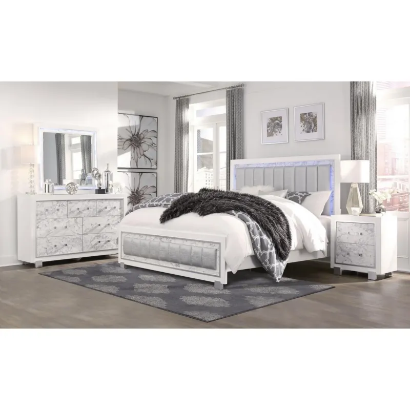 Modern Luxurious White Full Bed With Padded Headboard Led Lightning By Homeroots | Beds | Modishstore