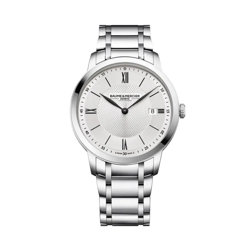 Front view of Baume & Mercier Classima 10883 quartz watch in silver with stainless steel bracelet