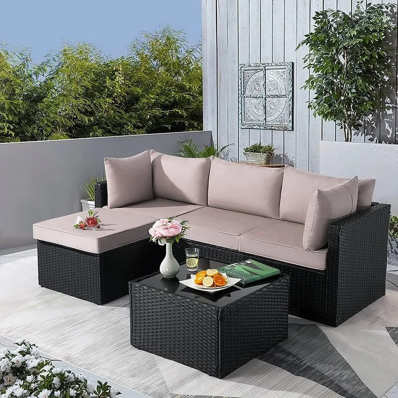 Beige and Brown Wicker L Shape Three Piece Sofa Set By Homeroots | Outdoor Sofas, Loveseats & Sectionals | Modishstore
