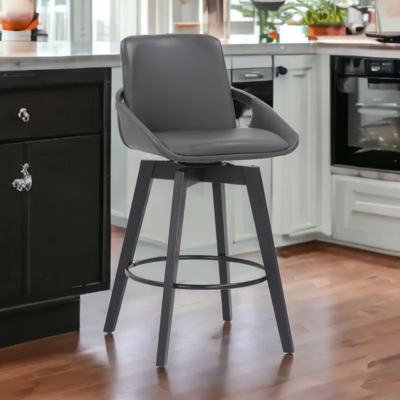 27" Gray and Black Faux Leather Swivel Low Back Bar Height Bar Chair with Footrest By Homeroots | Bar Stools | Modishstore