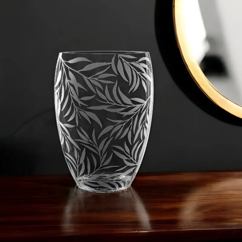 Clear and Frosted Leaf Pattern Oval Crystal Table Vase By Homeroots | Vases | Modishstore - 1