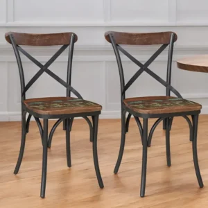 Set of Two Brown And Black Metal And Wood Cross Back Dining Side Chairs By Homeroots | Dining Chairs | Modishstore - 1