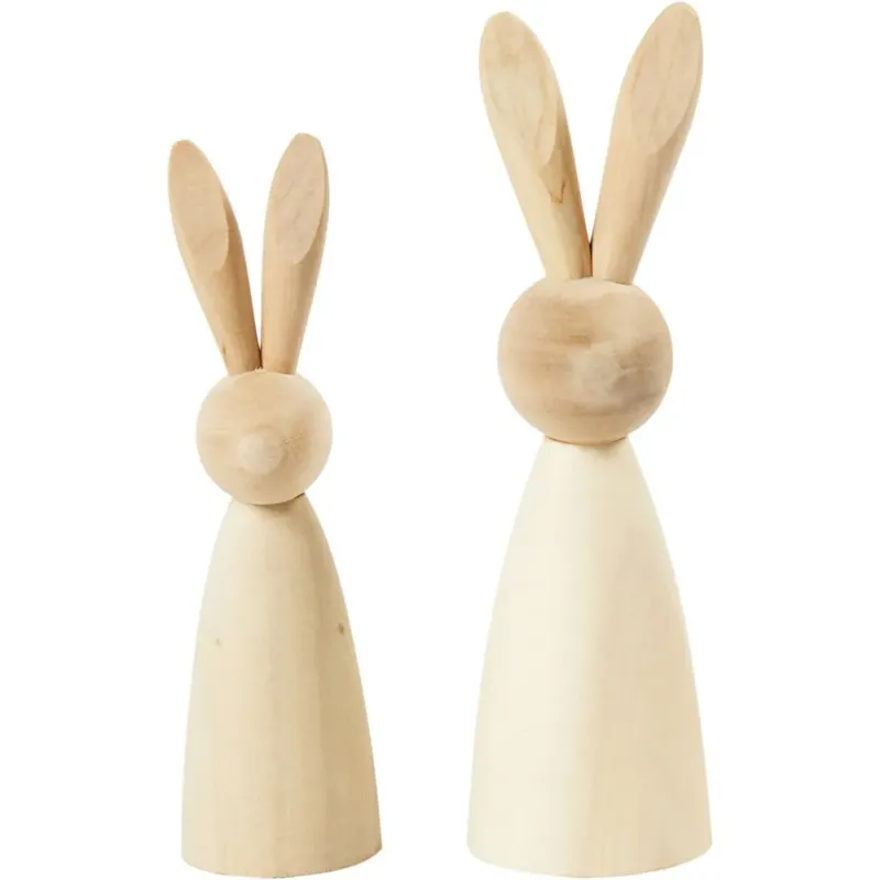 Wooden Rabbits, H: 12+14 cm, 2 pcs, poplar wood