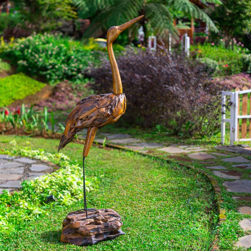 Teak Crane 72"H By Garden Age Supply | Sculptures | Modishstore - 1