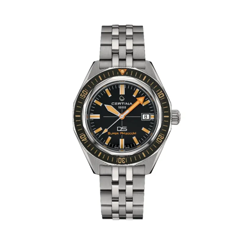 Certina DS Super PH2000M black dial watch on stainless steel bracelet with an extra rubber strap