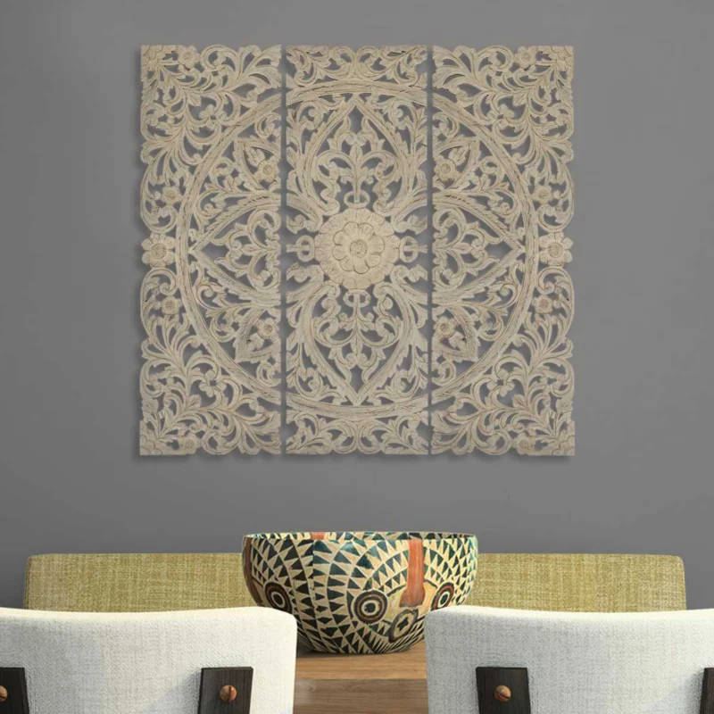 Benzara Floral Hand Carved Wooden Wall Plaque, Set Of Three, Antique White By Benzara | Wall Decor | Modishstore