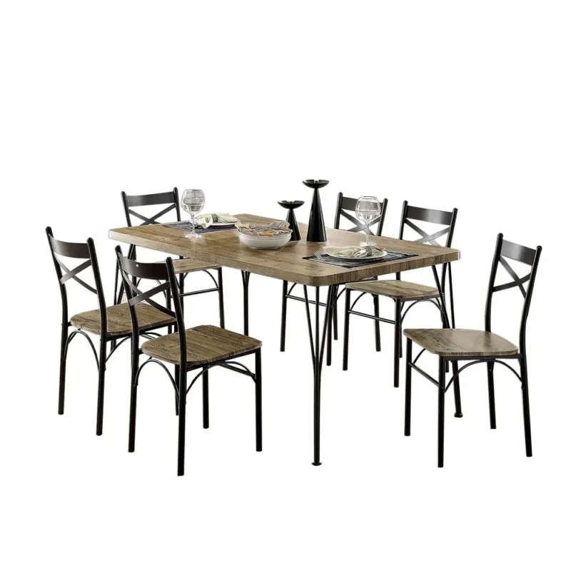 7-Piece Wooden Dining Table Set In Gray And Weathered Brown By Benzara | Dining Sets | Modishstore