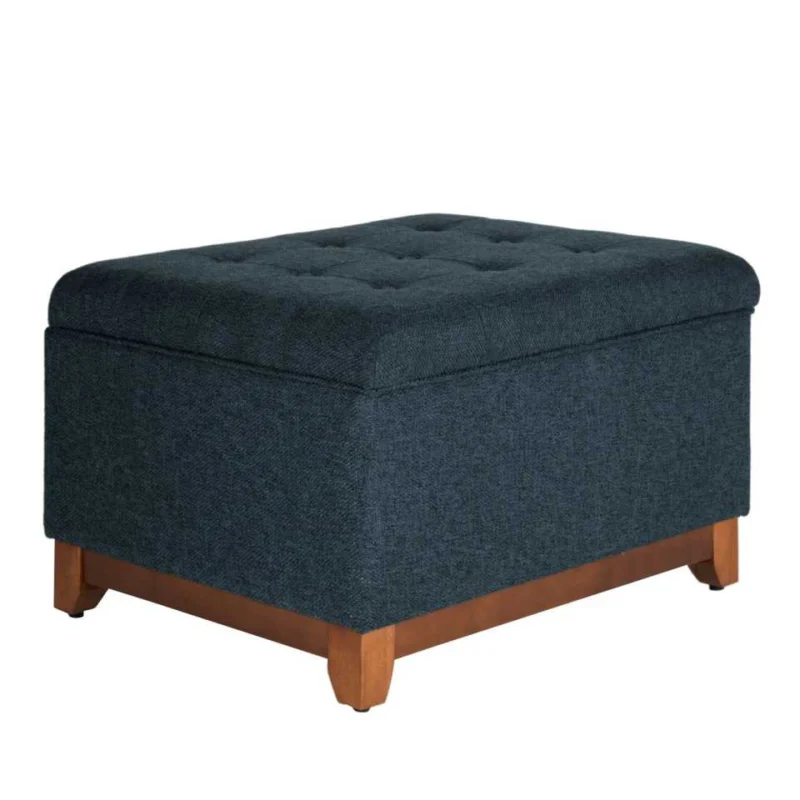 Textured Fabric Upholstered Wooden Ottoman With Button Tufted Top, Blue And Brown By Benzara | Ottomans | Modishstore