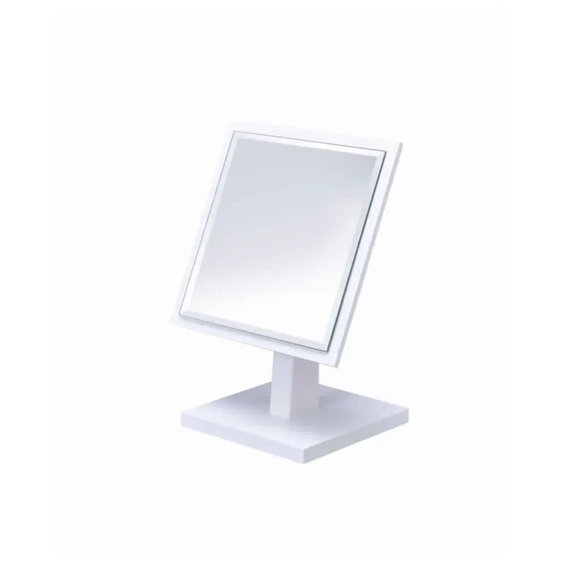 Square Makeup Mirror With Wooden Pedestal Base, White And Silver By Benzara | Mirrors | Modishstore