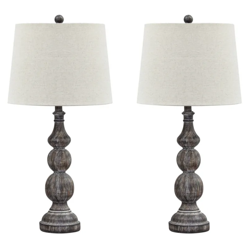 Polyresin Table Lamp With Turned Base Set Of 2 Brown And Off White By Benzara | Desk Lamps | Modishstore