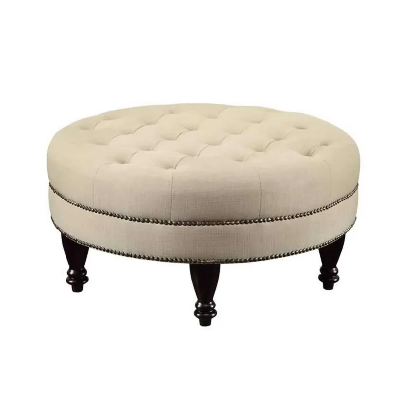 Round Shaped Fabric Ottoman With Nailhead Trim, Gray By Benzara | Ottomans | Modishstore