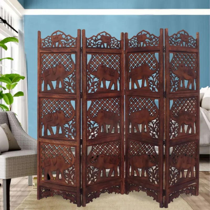 Benzara Hand Carved Elephant Design Foldable 4-Panel Wooden Room Divider, Brown By Benzara | Room Divider | Modishstore