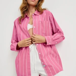 Elsa Oversized Long Sleeve Button Down Shirt With Collar And Cuffs In Colorway Hibiscus White Stripe - Front View Unbuttoned Featured On Model