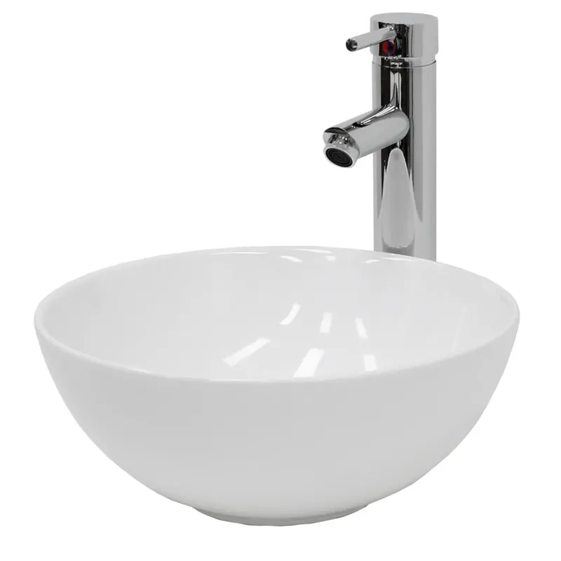 Rundes, weißes Waschbecken auf einem modernen, hohen Wasserhahn.