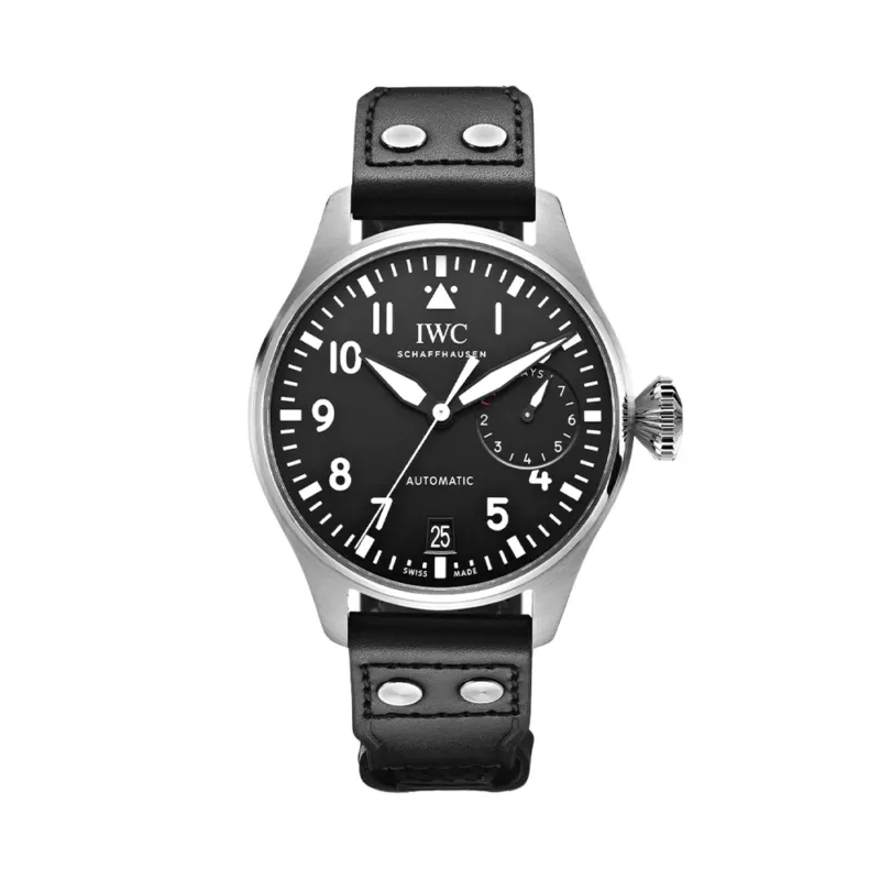 Front view of 46.2mm Big Pilot's Watch with black dial and black leather strap.