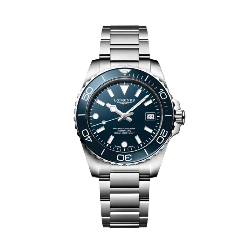 HydroConquest 39mm diver watch with blue dial, date window, and stainless steel bracelet.