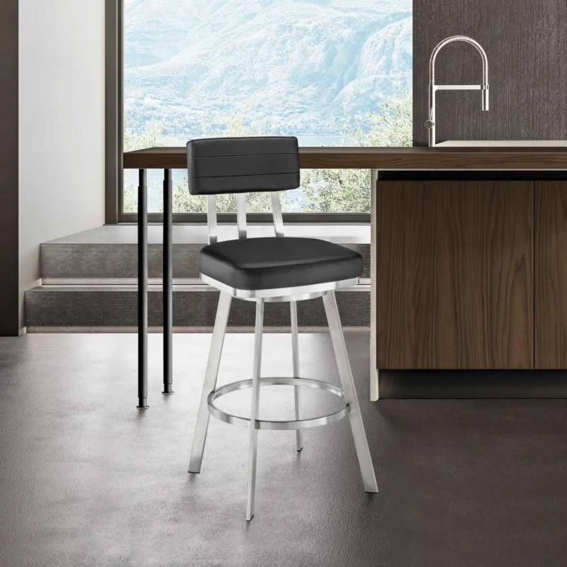 Benjamin 30" Swivel Bar Stool in Brushed Stainless Steel with Black Faux Leather By Armen Living | Bar Stools | Modishstore