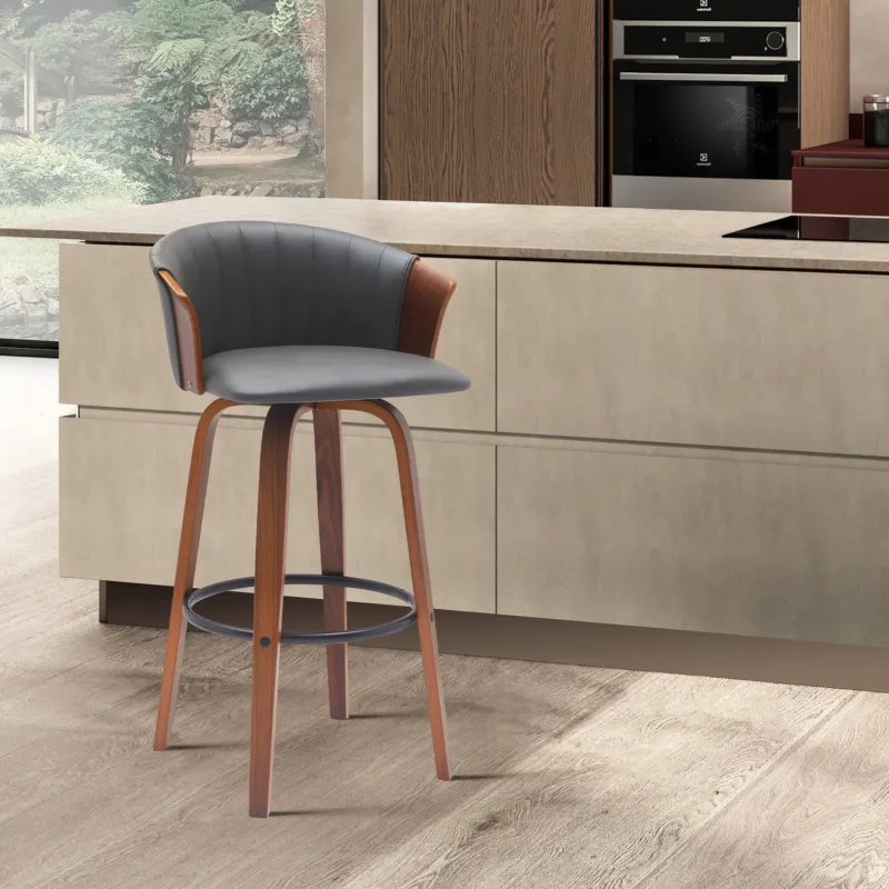 Diana 26" Swivel Walnut Wood Counter Stool in Gray Faux Leather By Armen Living | Bar Stools | Modishstore