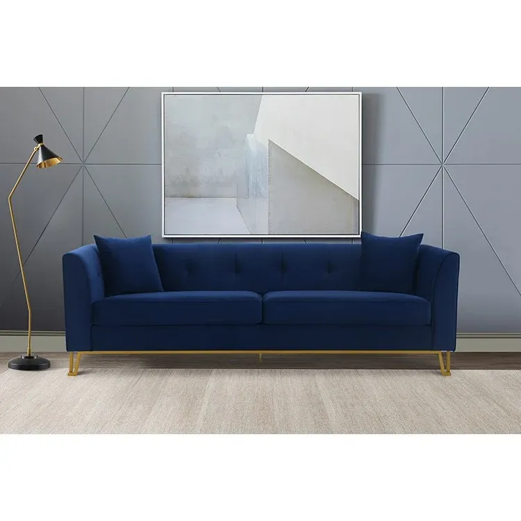 Everest 90" Blue Fabric Upholstered Sofa with Brushed Gold Legs By Armen Living | Sofas | Modishstore