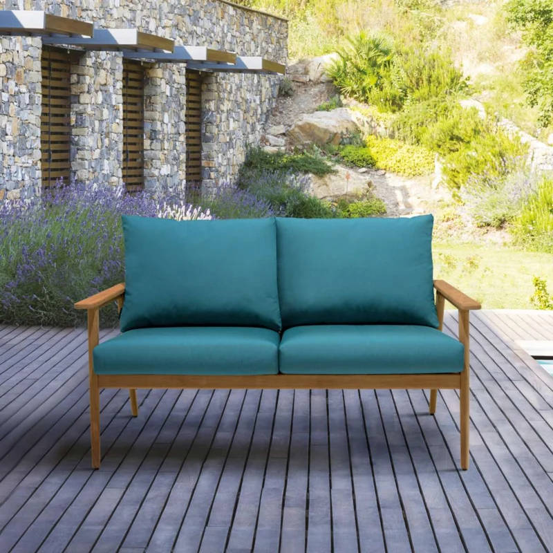 Eve Outdoor Teak Wood Sofa with Teal Olefin By Armen Living | Outdoor Sofas, Loveseats & Sectionals | Modishstore