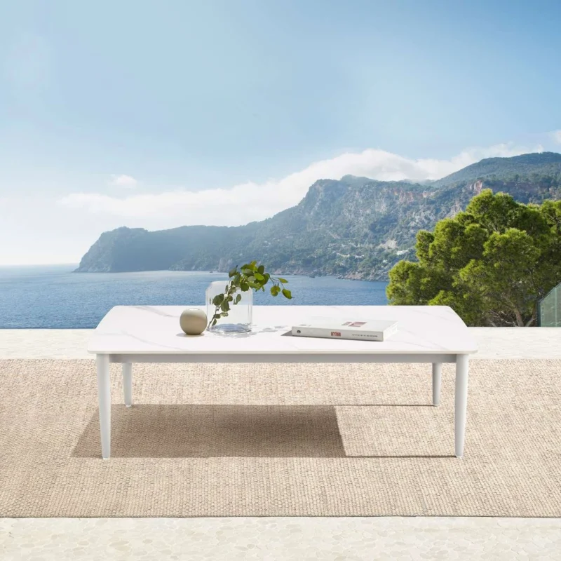 Rhodes Outdoor Patio Rectangular Coffee Table in Snowy Sintered Stone and Porcelain Finish By Armen Living | Outdoor Tables | Modishstore