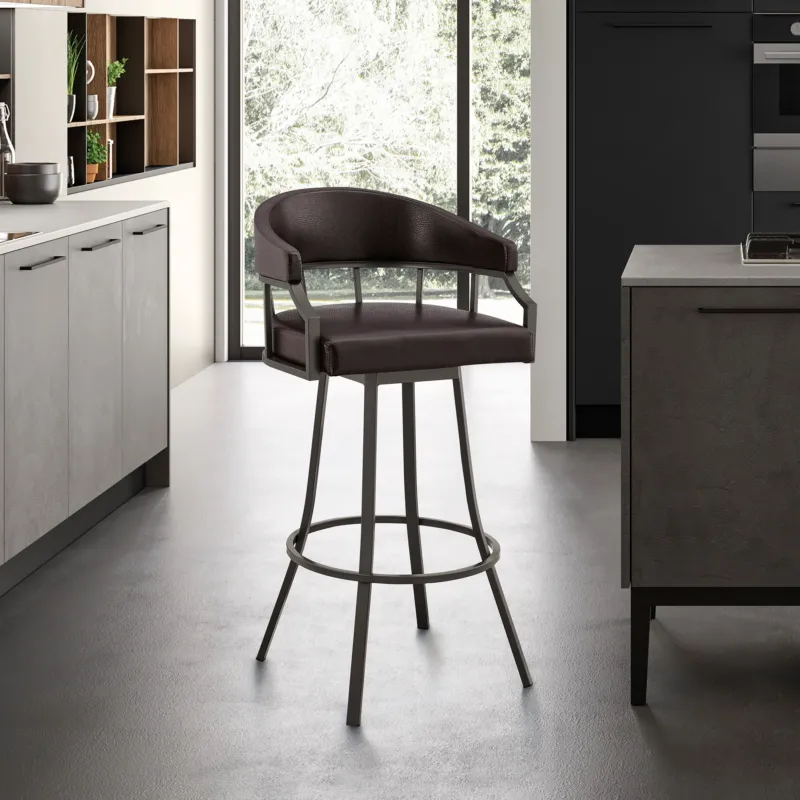 Valerie 26" Swivel Brown Faux Leather and Java Brown Metal Bar Stool By Armen Living | Bar Stools | Modishstore