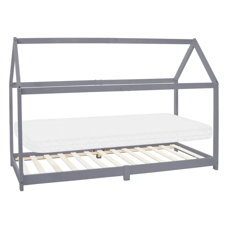 Graues Kinderbett mit Matratze und slatted frame.