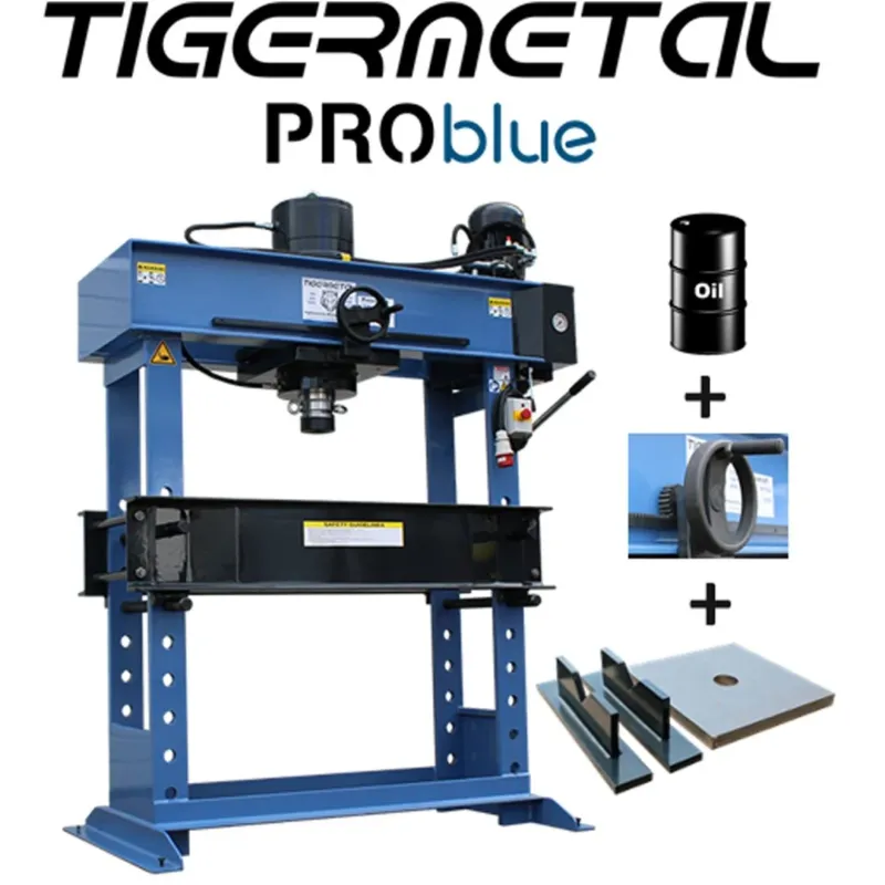 Tigermetal PROblue Set Hydraulische Werkstattpresse 200 Tonnen TMWH200K mit Handrad, Hydrauliköl, Massive Auflageplatte, 1 Paar Prismenblöcke - TM00004