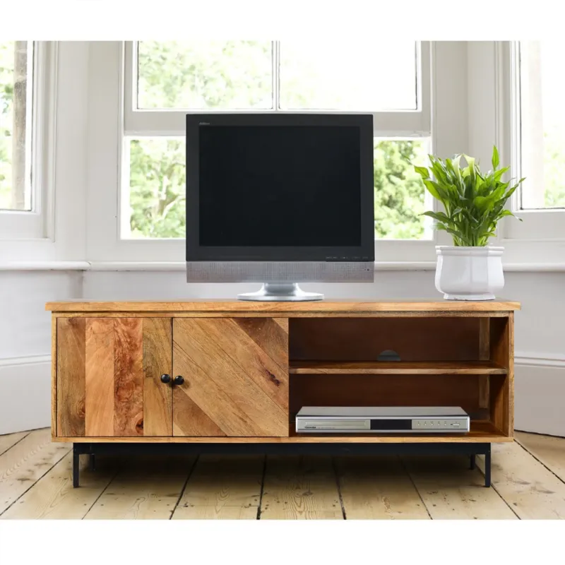 55 Inch Mango Wood Tv Stand With 2 Open Compartments, Brown And Black By Benzara | Cabinets | Modishstore