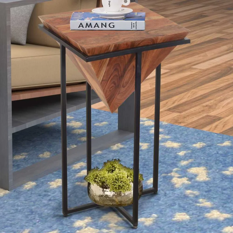 26 Inch Pyramid Shape Wooden Side Table With Cross Metal Base, Brown And Black By Benzara | Side Tables | Modishstore