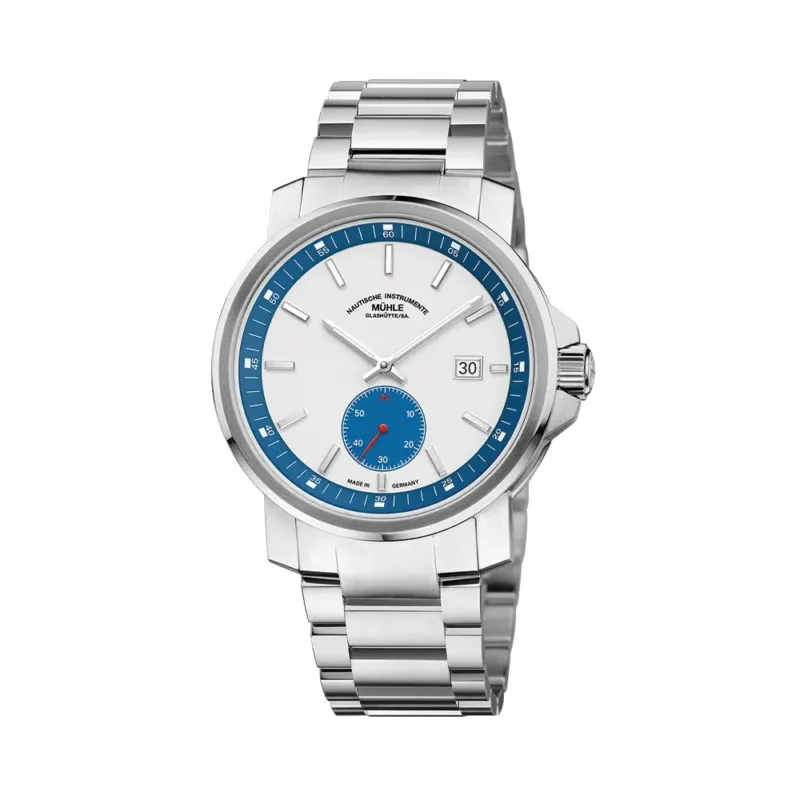 Stainless steel bracelet watch with white dial blue inner ring and date window at three o'clock