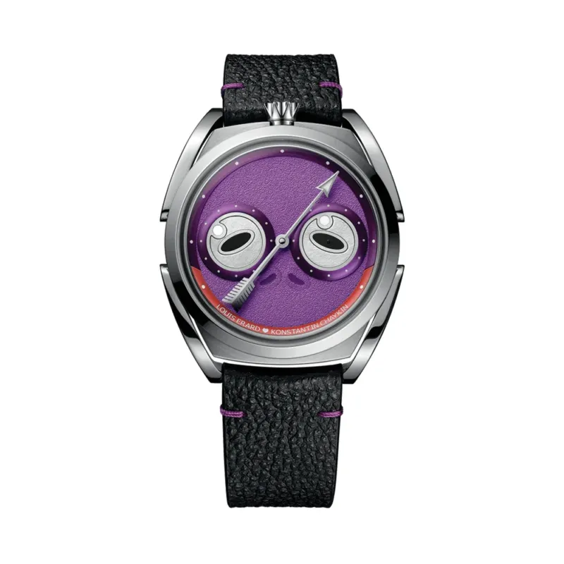 Purple dial Unfrogettable watch with expressive eye motif on a black leather strap and silver case