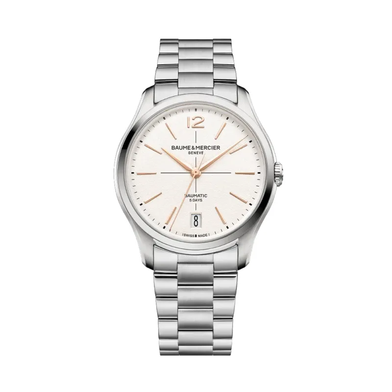 Clifton Round Baumatic 39mm watch with white dial on stainless steel bracelet front view