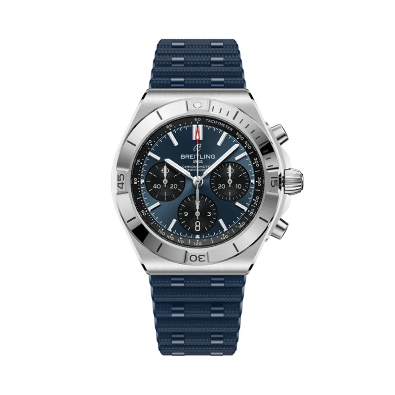 Breitling Chronomat B01 Panda 42mm with blue dial and black subdials on a blue rubber strap